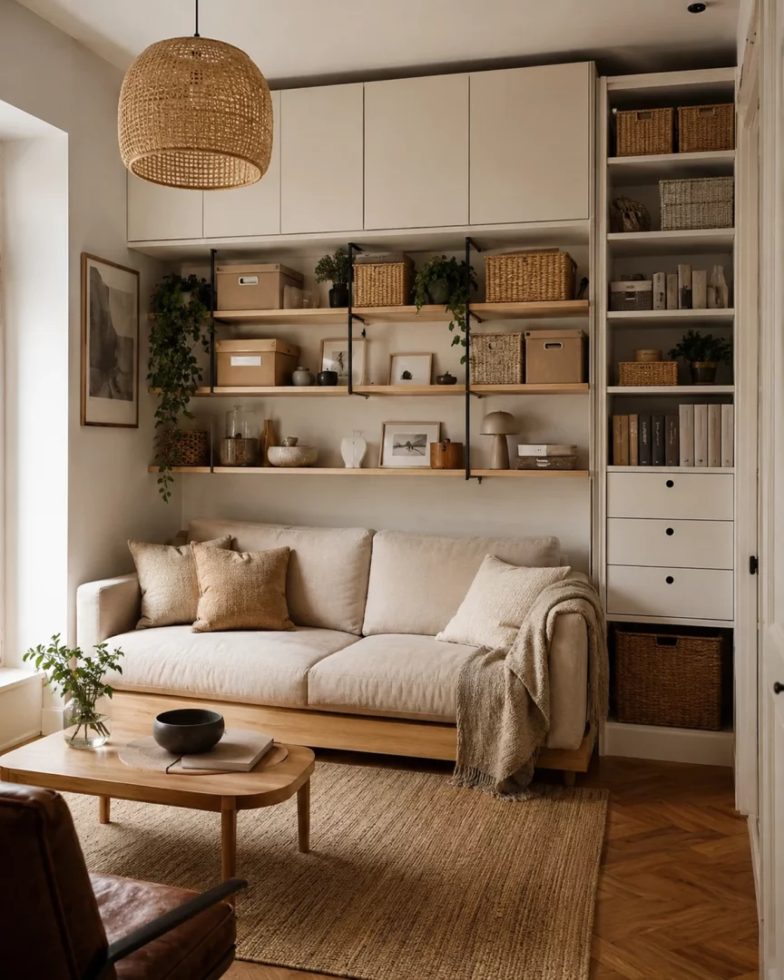 Bu ferah ve minimalist küçük salonda, krem rengi kanepenin üzerindeki duvarda yer alan açık ahşap raflar ve üst kısımdaki kapaklı dolaplar ile bitişiğindeki dikey raf sistemi, küçük alanları verimli kullanarak hem depolama sağlıyor hem de düzenli bir görünüm sunuyor.