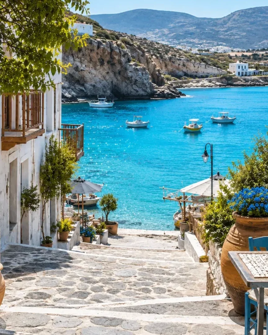 Turkuaz deniz, tekneler, beyaz badanalı evler ve taş sokaklarla çevrili Yunan adası manzarası, Babalar Günü tatil önerileri için tarih ve deniz atmosferini birleştiren bir rota sunuyor.
