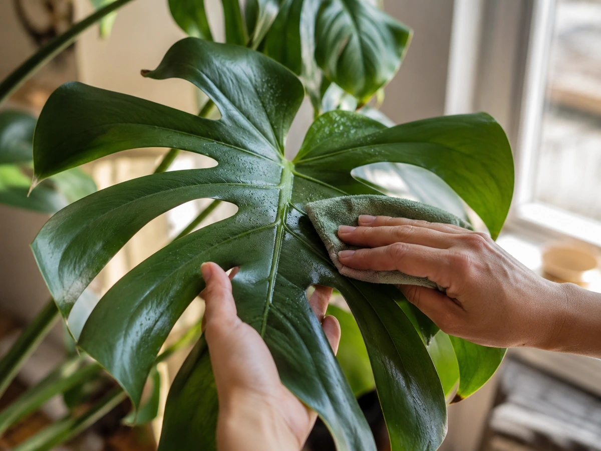 Bitki bakımı rutininin bir parçası olarak, iç mekanda büyüyen büyük, parlak yeşil bir monstera yaprağının tozu nemli bir mikrofiber bezle nazikçe silinirken, diğer el yaprağı dikkatlice destekliyor.