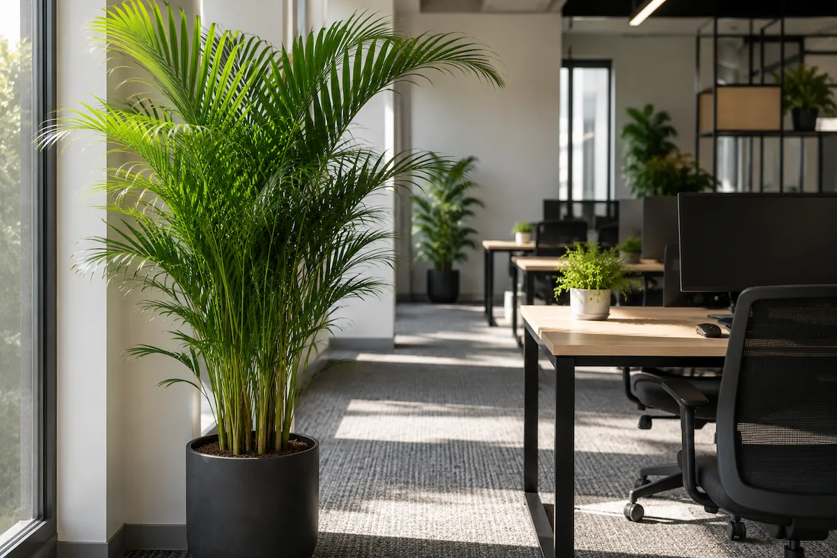 Modern ve aydınlık bir ofis ortamında, pencere kenarında duran büyük, gür yeşil bir salon palmiyesi bitkisi ön planda yer alırken, masalarda ve diğer alanlarda da yer alan yeşil bitkiler bu ferah mekanda havayı temizleyen bitkiler olarak ofis dekorasyonuna doğal bir dokunuş katıyor.