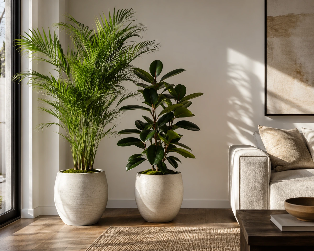Güneş ışığının aydınlattığı modern bir oturma odasında, beyaz saksılar içinde duran areka palmiyesi ve koyu yeşil yapraklı kauçuk bitkisi gibi yemyeşil salon bitkileri, doğal bir dinginlik sunuyor.