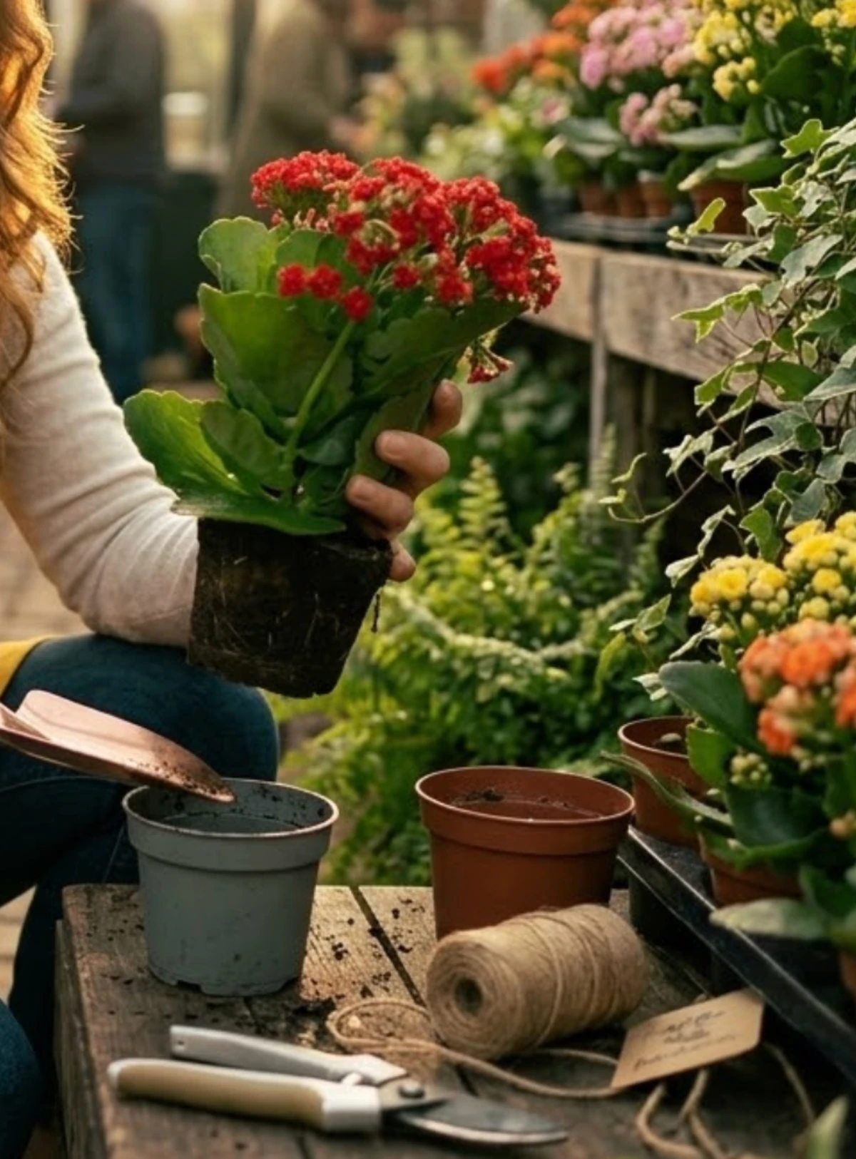 Bir sera ortamında, kökleri görünen kırmızı kalanchoe çiçeğini yeni bir saksıya yerleştirmek üzere tutan bir kişinin yakın çekim eli; ön planda saksı değişimi için gri ve kahverengi boş saksılar, küçük bir kürek ve bahçe makası görülüyor.