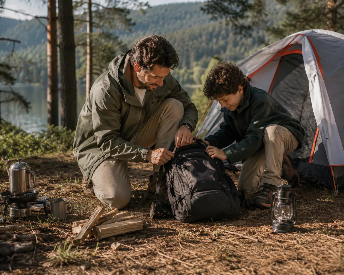 Doğada çadır kurmuş bir kamp alanında, outdoor baba stili giysiler içindeki baba ve çocuğu birlikte kamp malzemelerini düzenlemek için siyah sırt çantasının fermuarını açarken gülümsüyorlar, arkada göl ve orman manzarası görünüyor.