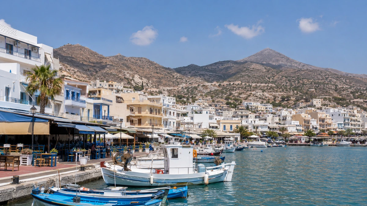 Güneşli bir günde Karpathos Adası'nın hareketli Pigadia Limanı'nda, mavi sulara demirlemiş balıkçı tekneleriyle dolu rıhtımın önünde, beyaz ve renkli Akdeniz mimarisine sahip binaların sıralandığı, masaları ve sandalyeleriyle canlı restoranların bulunduğu bir sahil şeridi ve arkasında yükselen kayalık dağlar görülüyor.