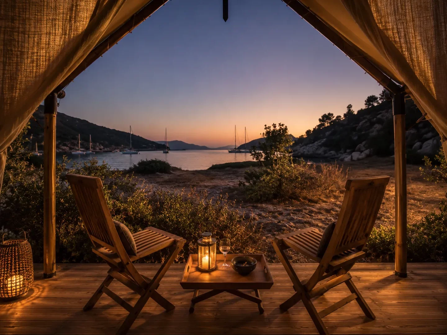 Babaya deneyim hediyesi olarak değerlendirilebilecek Kocabahçe Glamping’de, Bozburun koyuna bakan ahşap terasta mum ışıkları, rahat sandalyeler ve sakin deniz manzarası görülüyor.