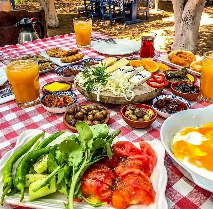 Kuytu bir bahçede, kırmızı beyaz kareli masa örtüsü üzerinde sergilenen zengin bir Türk serpme kahvaltısı; çeşitli peynirler, zeytinler, reçeller, bol yeşillikli domates salatası, sahanda yumurta ve taze sıkılmış portakal suları ile dolu, huzurlu bir köy kahvaltısı atmosferi sunuyor.