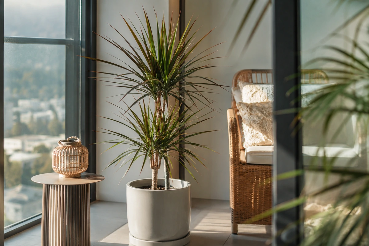 Güneş ışığı alan modern bir iç mekanda, pencere kenarında duran, havayı temizleyen bitkilerden biri olan uzun boylu ve ince yapraklı bir Dracaena marginata bitkisi, açık gri renkte bir saksı içinde görülüyor; yanında hasır bir sehpa ve koltuk bulunuyor.