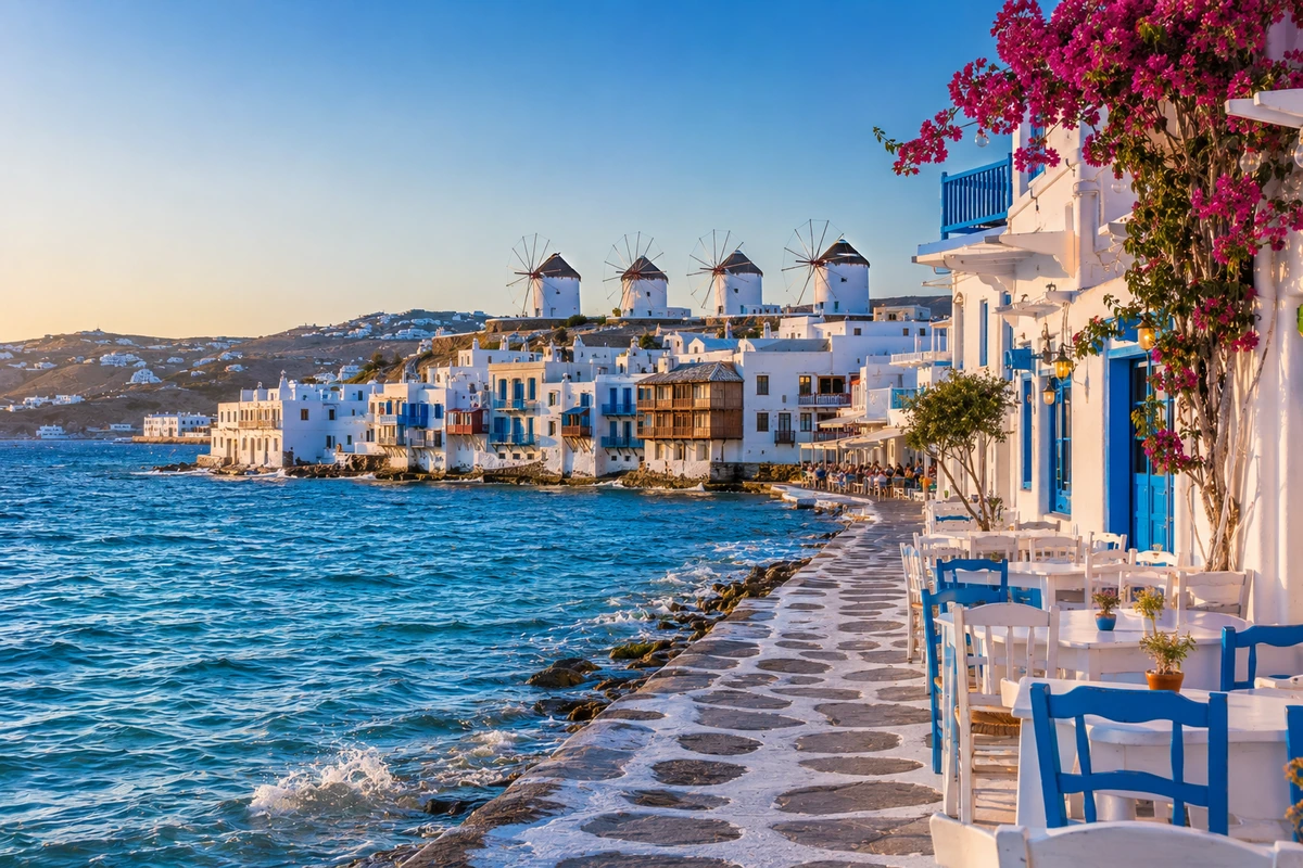 Mykonos Adası'nda, akşam güneşi altında denizin masmavi sularına nazır, beyaz badanalı evlerin ve mavi pencereli kafelerin önünde uzanan taş yolda, tepedeki tarihi rüzgar gülleri ile birlikte pembe çiçeklerle süslenmiş büyüleyici bir sahil şeridi görülüyor.