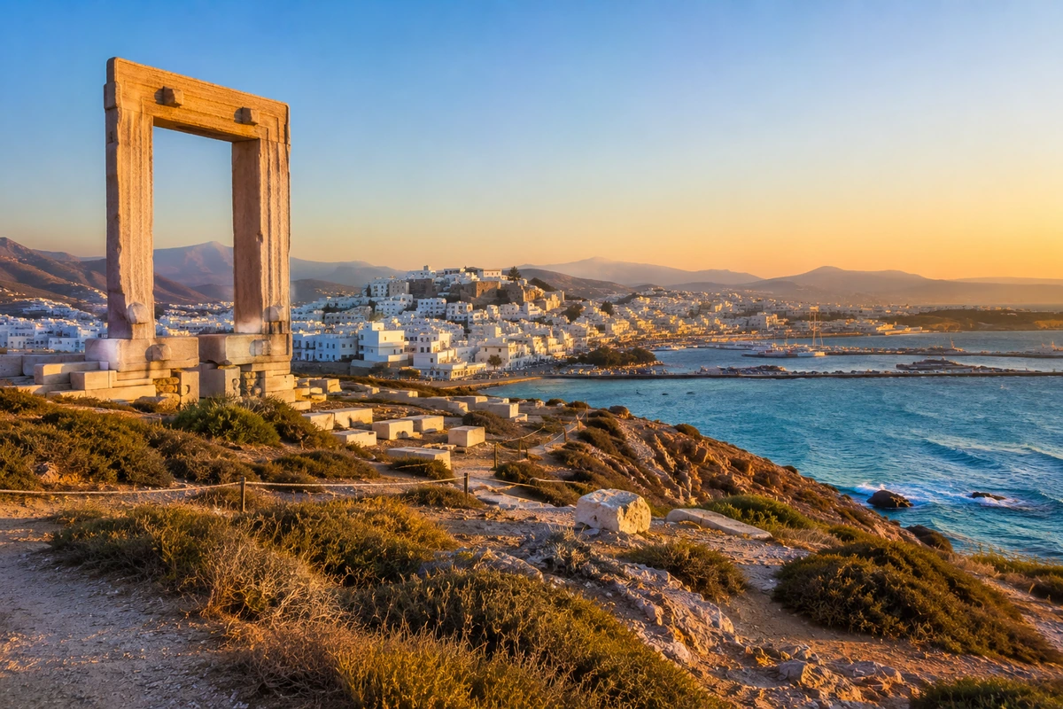 Naxos Adası'ndaki antik Portara kapısı, gün batımının altın rengi ışıklarıyla aydınlanmış, kayalık bir tepeden bembeyaz evlerin sıralandığı Ege kasabası ve turkuaz sulara sahip hareketli liman manzarasını sunuyor.