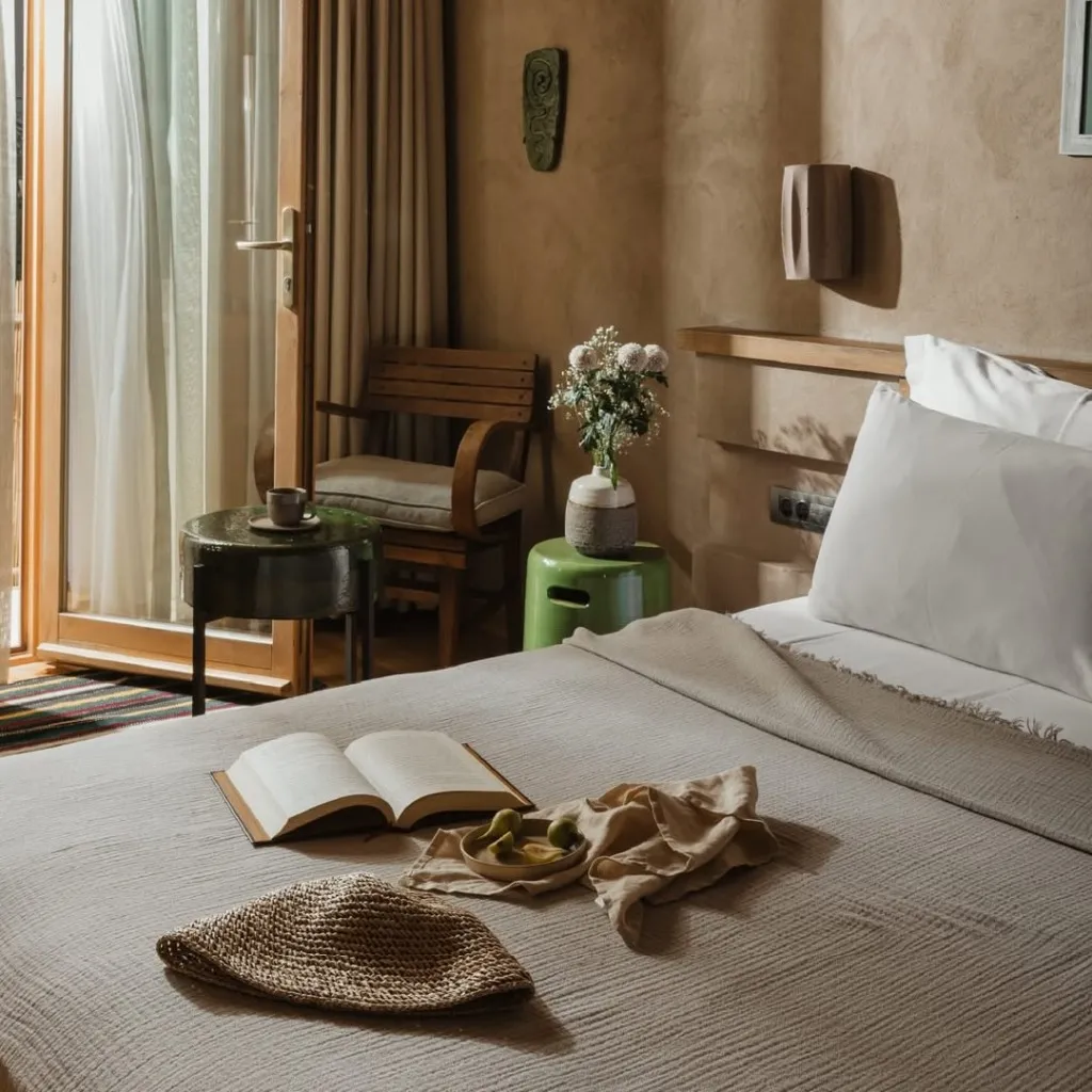 Pachamama Alaçatı Otel odasında, ahşap kapılı balkona açılan pencerenin yanındaki yatakta açık bir kitap, hasır şapka ve limon dilimli bir tabak dururken, odanın doğal atmosferini tamamlayan koyu yeşil yuvarlak masa üzerinde bir fincan ve parlak yeşil bir sehpa üzerinde beyaz çiçekler rahat bir konfor sunuyor.