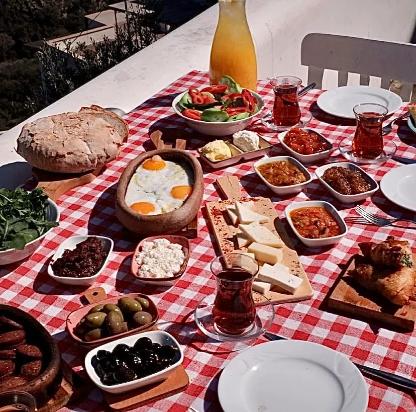 Kırmızı beyaz kareli örtü serili bir açık hava masasında, güneşte parlayan ve bol çeşitliliğiyle göz dolduran bir Türk kahvaltısı sunumu; terracotta kapta sahanda yumurta, taze yeşillikler, farklı yöresel peynirler, yeşil ve siyah zeytinler, büyük bir köy ekmeği, reçeller ve sıcak çay bardakları bu zengin sofrayı tamamlıyor.
