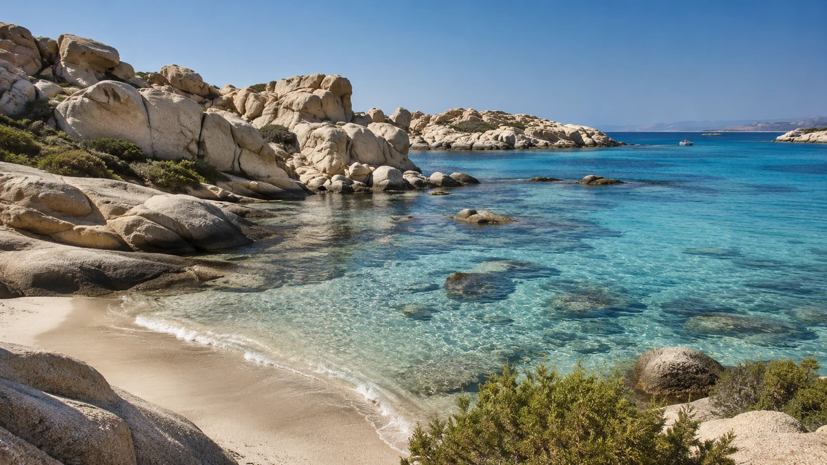 Paros Adası'ndaki Kolymbithres Plajı'nda, güneşli bir günde berrak turkuaz sular kumsalın etrafını saran pürüzsüz kayalıklarla buluşurken, uzaklarda masmavi denizde bir tekne rahatça süzülüyor.