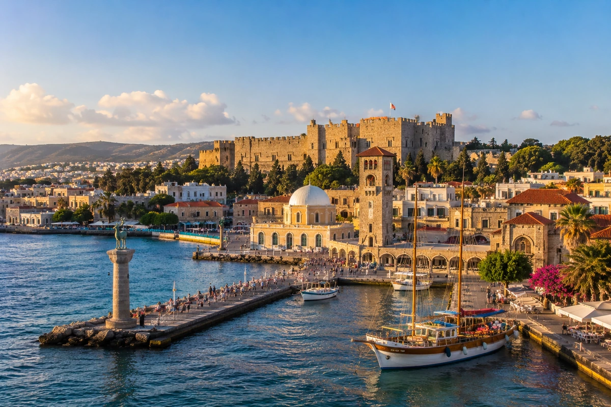 Rodos Adası'nın Eski Şehir limanında, altın sarısı gün batımı ışıkları altında yükselen görkemli şövalye kalesi, geyik heykelli sütunu, hareketli iskelesi ve tarihi binalarıyla çevrili, teknelerin demirlediği bu pitoresk sahil manzarasında huzur ve tarihi doku birleşiyor.