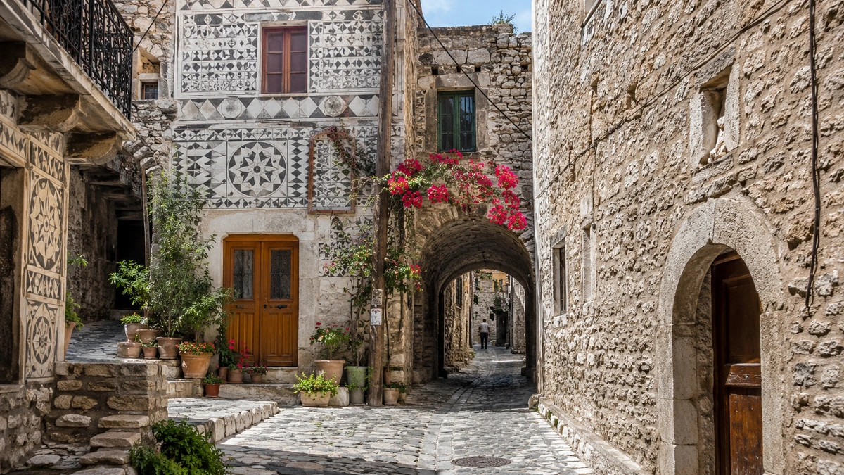 Sakız Adası'nın Pyrgi köylerine özgü, geometrik desenlerle süslü taş binalar, pembe begonvillerle kaplı kemerli bir geçit ve Arnavut kaldırımlı dar bir sokağı gösteren pitoresk bir manzara.