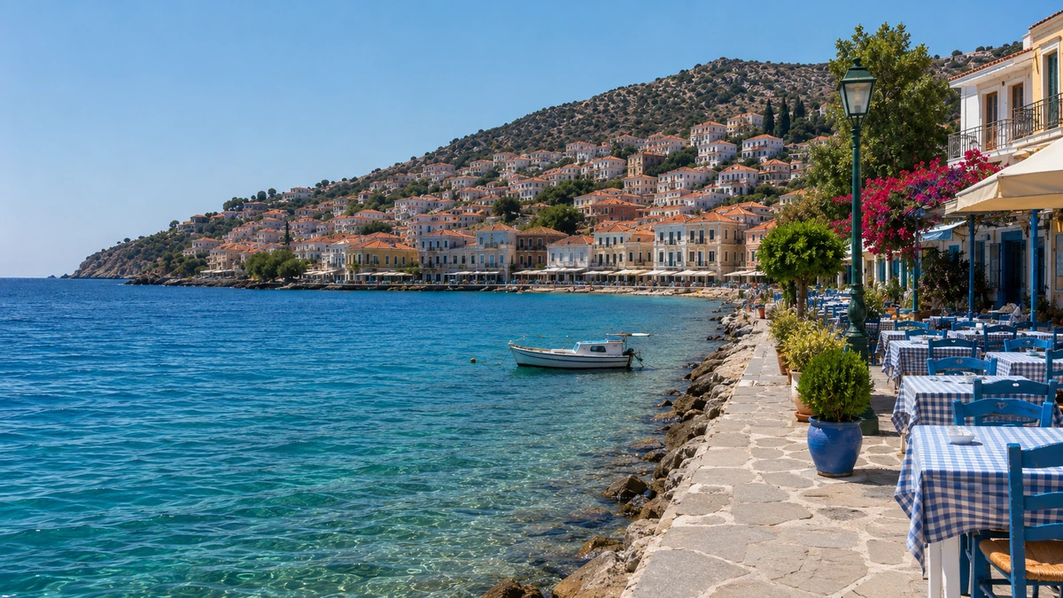 Samos Adası'nda, berrak turkuaz denizin kıyısında yemyeşil tepelere kurulu, geleneksel beyaz evleri ve turuncu çatılı binalarıyla dikkat çeken şirin bir kasaba, kaldırım boyunca uzanan mavi-beyaz kareli örtülü masalarıyla açık hava restoranları ve sakin sularda demirlemiş küçük bir tekne, Kokkari ve Pythagorion rotası üzerinde huzurlu bir Akdeniz manzarası sunuyor.