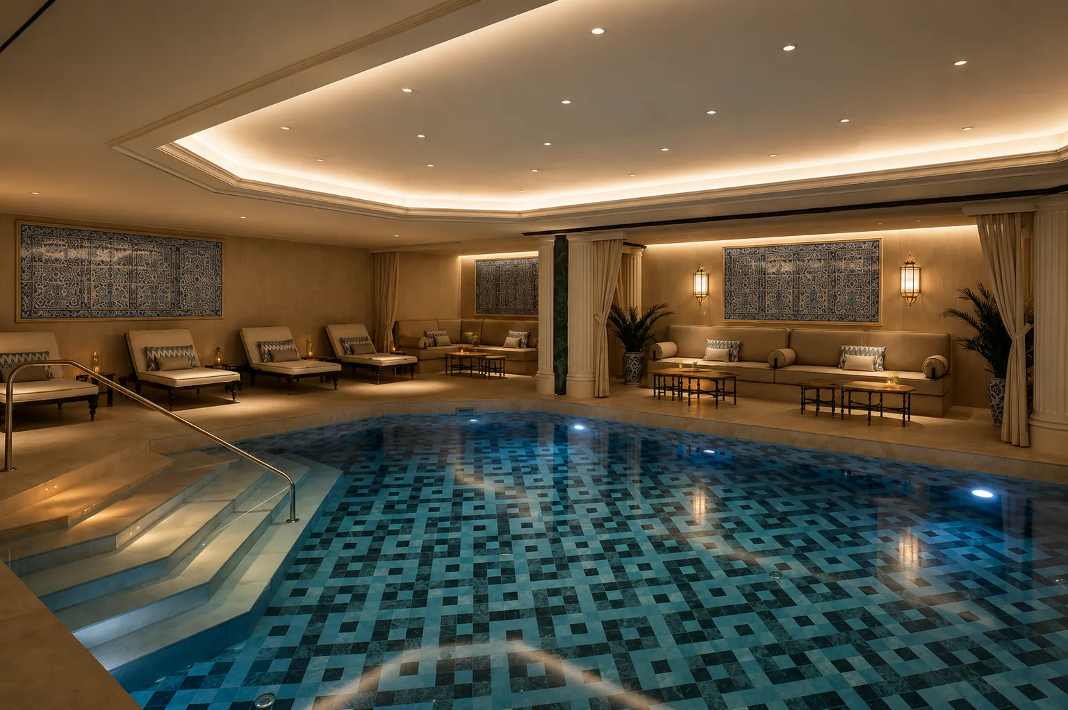 Babalar Günü aktiviteleri arasında dinlendirici spa deneyimi arayanlar için Çırağan Palace Kempinski Sanitas Spa’nın mavi tonlu kapalı havuzu, şezlongları ve lüks dinlenme alanları görülüyor.