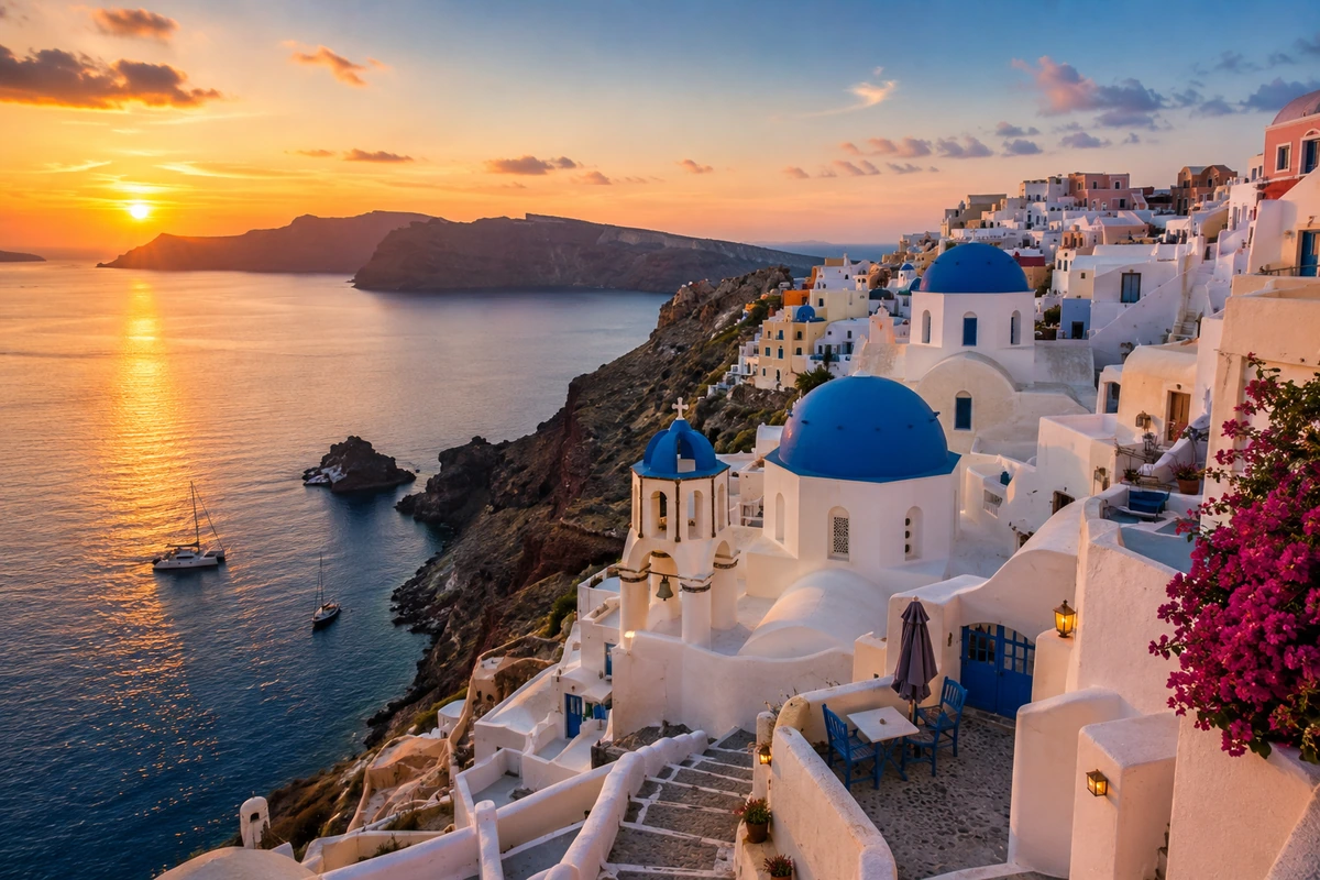 Santorini Adası'nın ünlü Oia kasabasında, beyaz badanalı evleri ve mavi kubbeli kiliseleriyle ünlü yamaçlarda, denizin üzerinde batmakta olan güneşin turuncu ışıltısıyla aydınlanan muhteşem bir gün batımı manzarası.