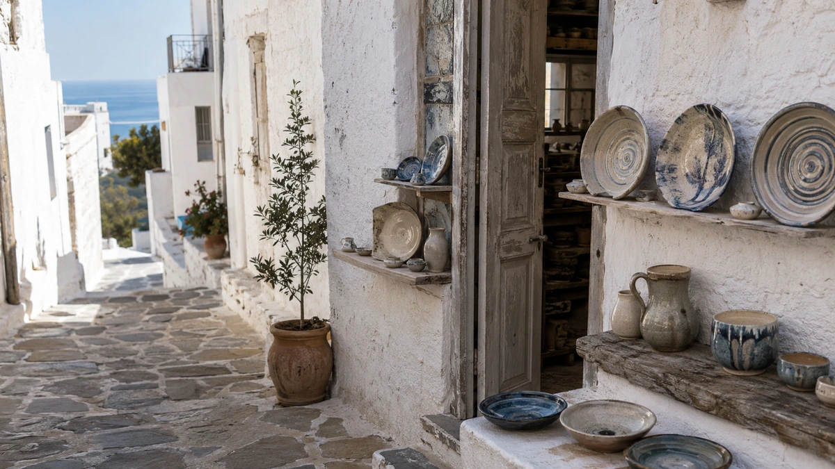 Sifnos Adası'nda dar, Arnavut kaldırımlı bir sokakta yer alan geleneksel bir seramik atölyesinin girişinde, açık kapı ve ahşap raflar üzerinde el yapımı seramik tabaklar, kaseler ve sürahiler sergileniyor, arka planda Ege Denizi görünüyor.