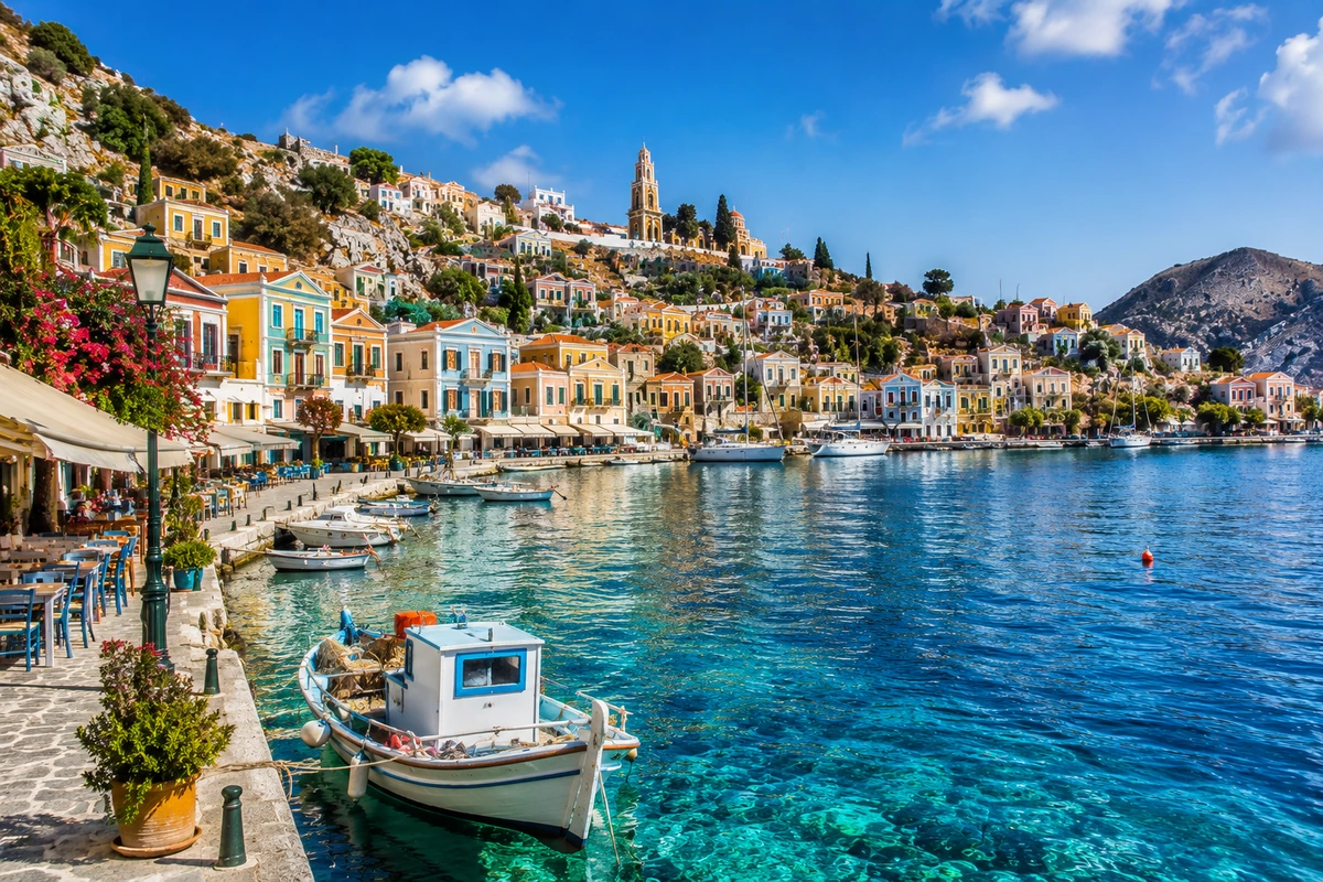 Yunanistan'ın Symi Adası'nda, yamaçlara dizili rengarenk evlerin ve tepe noktasındaki kilise kulesinin eşlik ettiği pastel liman, berrak turkuaz sularda demirli tekneler ve iskeledeki açık hava kafeleriyle canlı bir Akdeniz manzarası sunuyor.
