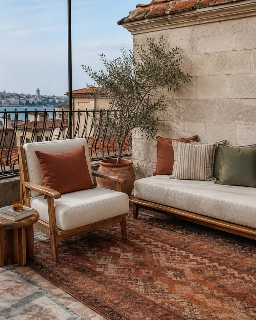 Geniş şehir manzarasına sahip bir terasta, terracotta ve zeytin yeşili minderlerle zenginleştirilmiş modern ahşap tekli koltuk ve uzun bir sedir ile tasarlanmış, desenli bir kilimle sıcaklık katılmış şık bir açık alan dekorasyonu örneği.