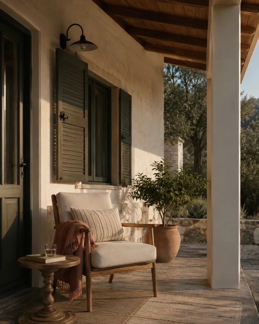 Sundurmalı bir verandanın konforlu berjer köşesi, açık renk minderli ahşap bir berjer, üzerinde çizgili yastık ve şal, yanında ahşap sehpa üzerinde kitap ve su bardağı ile huzurlu bir açık alan dekorasyonu sunuyor.