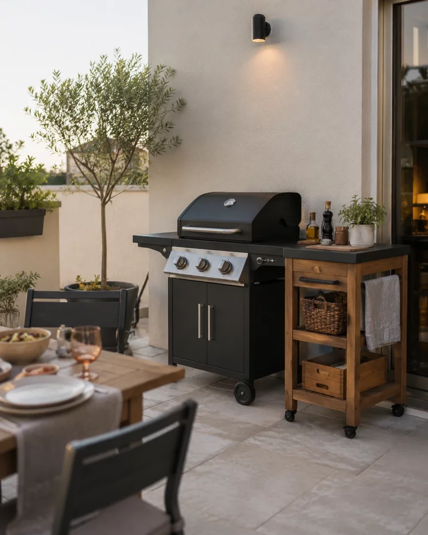 Geniş ve aydınlık bir terasta, modern siyah bir gazlı barbekü ve yanında ahşap servis arabasıyla oluşturulmuş davetkar barbekü köşesi, zarif masa düzeniyle tamamlanarak şık bir açık alan dekorasyonu örneği sergiliyor.