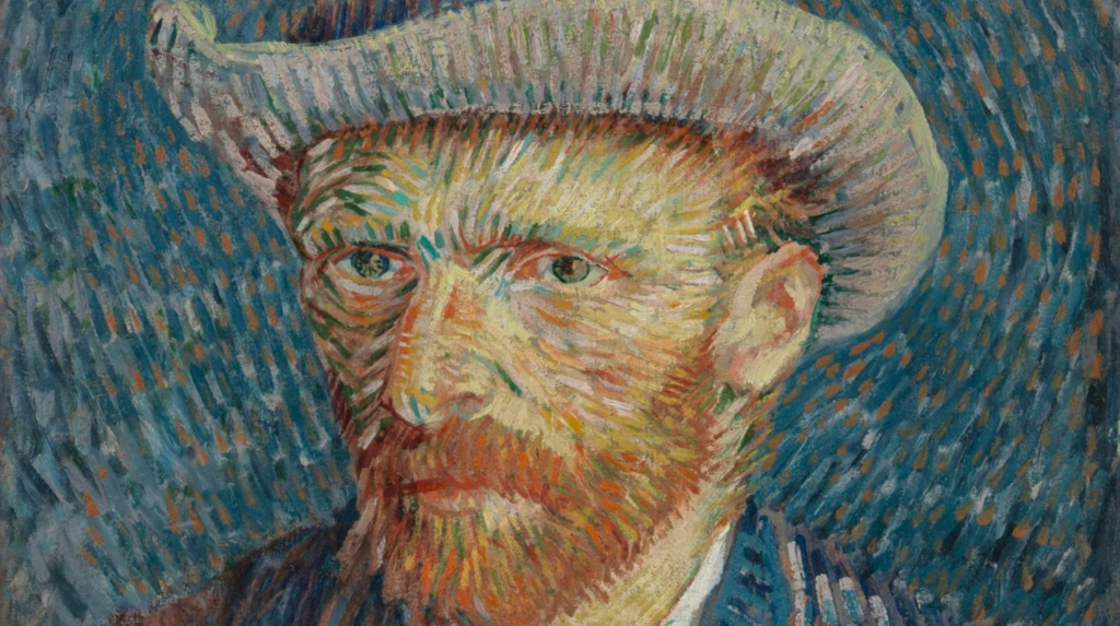 Vincent van Gogh’un şapkalı otoportresi, fırça darbeleriyle yoğun renk katmanları içeren ekspresyonist bir yapıya sahiptir.