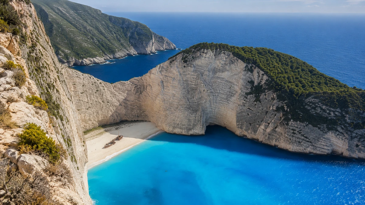 Zakintos Adası'ndaki Navagio Plajı'nın kuşbakışı görüntüsü, turkuaz renkteki berrak denizi, beyaz kumlu plajı ve kıyıda yatan eski gemi enkazıyla çevrili sarp kireçtaşı falezleriyle nefes kesici bir doğal güzellik sunuyor.