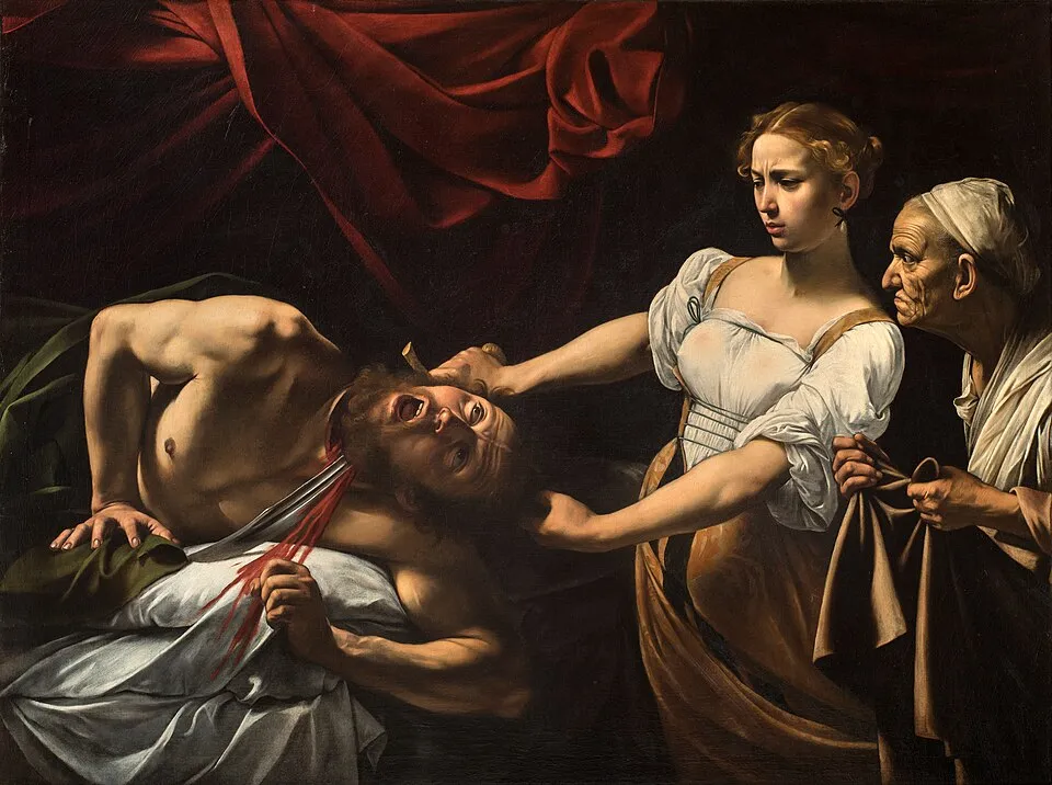 Caravaggio’nun “Judith’in Holofernes’i Öldürmesi” tablosu; güçlü bir kadın figürüyle dramatik şiddetin sahnesi.