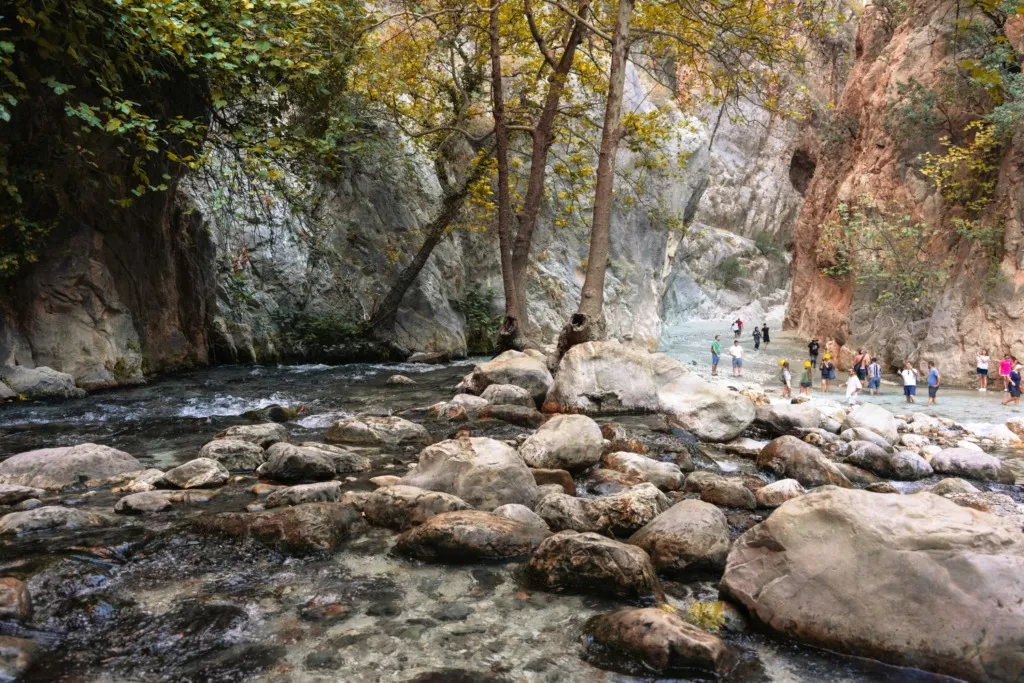 Antalya gezi: Antalya bölgesinde yer alan bir koyun geniş görüntüsü; berrak, taşlı bir akarsuyun ortasından geçtiği, yeşil ve sarı yapraklı ağaçların eşlik ettiği dik kayalık yamaçlar boyunca sığ suda yürüyen kalabalık bir grup insanı gösteriyor.