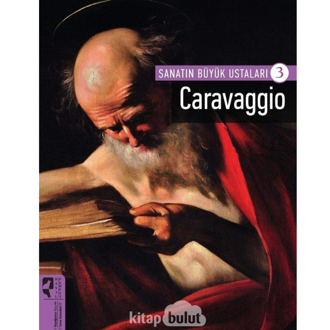 Sanatın Büyük Ustaları serisinin Caravaggio’ya ayrılmış üçüncü kitabının kapağı; elinde kitap tutan bir figürün detaylı resmiyle.