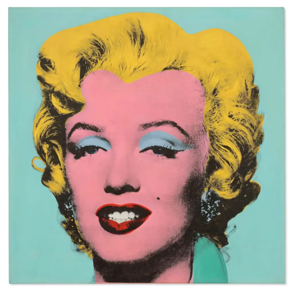 Andy Warhol’un ‘Shot Sage Blue Marilyn’ tablosu; pembe yüzlü Marilyn Monroe portresi, sarı saçlar ve adaçayı-mavi arka planla yapılan pop art serigrafi.