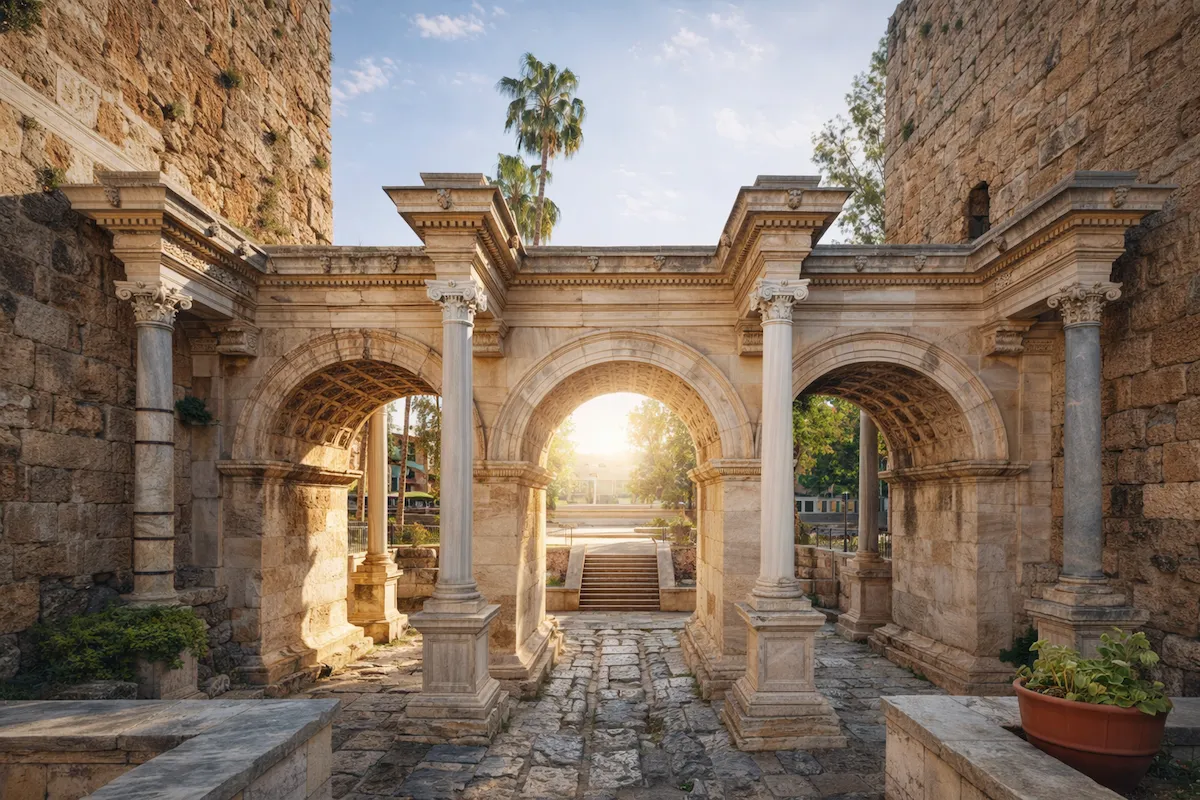 Antalya gezi: Antalya'da bulunan ve antik dönemden günümüze ulaşan etkileyici Hadrian Kapısı, üç mermer kemeri ve sütunlarıyla birlikte güneş ışıkları altında aydınlanmış, iki yanındaki yüksek taş şehir surlarıyla çevrili tarihi bir geçidi gözler önüne seriyor.