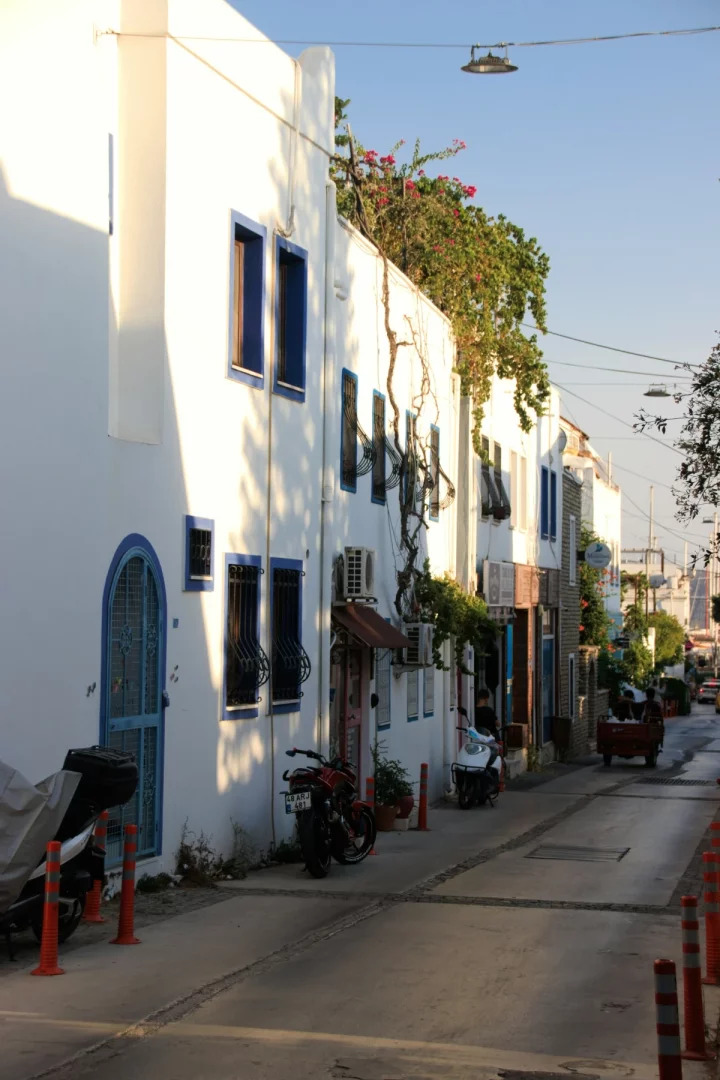 Bodrum'da yaşamak hissini veren mavi çerçeveli beyaz evler, begonviller ve dar taş sokaklarla çevrili tipik Bodrum mahallesi.