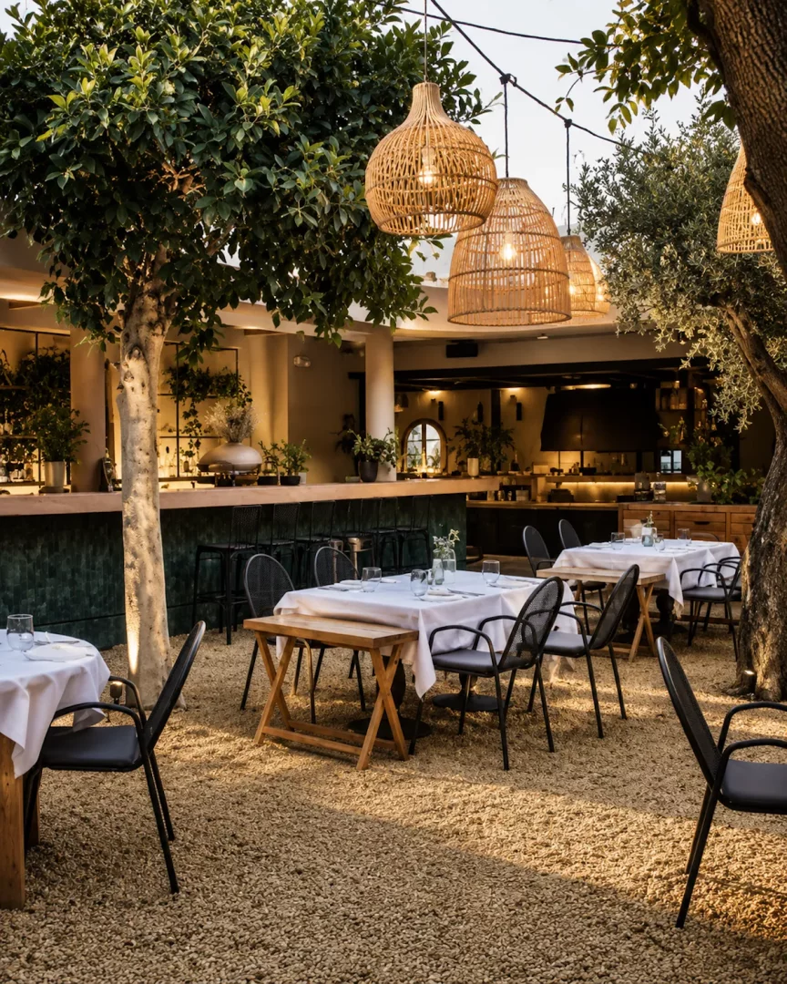 Bodrum'un en iyi meze adreslerinden biri olabilecek, çakıllı zeminde düzenlenmiş, yeşil ağaçlar ve hasır aydınlatmaların eşlik ettiği, beyaz masa örtülü yemek masalarıyla samimi ve davetkar bir atmosfer sunan açık hava restoran bahçesi.
