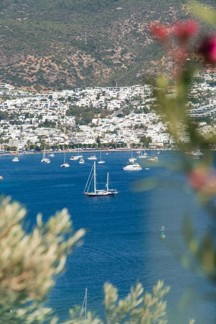 Bodrum'da yaşamak isteyenler için deniz, tekneler, beyaz evler ve yeşil tepelerle çevrili geniş Bodrum koyu manzarası.