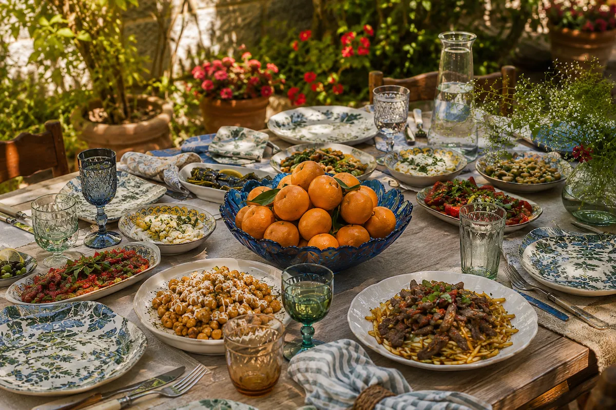 Bodrum'da yaşamak kültürünü yansıtan bahçe sofrasında mezeler, et yemeği, nohut ve Bodrum mandalinalarıyla hazırlanan yerel lezzetler.