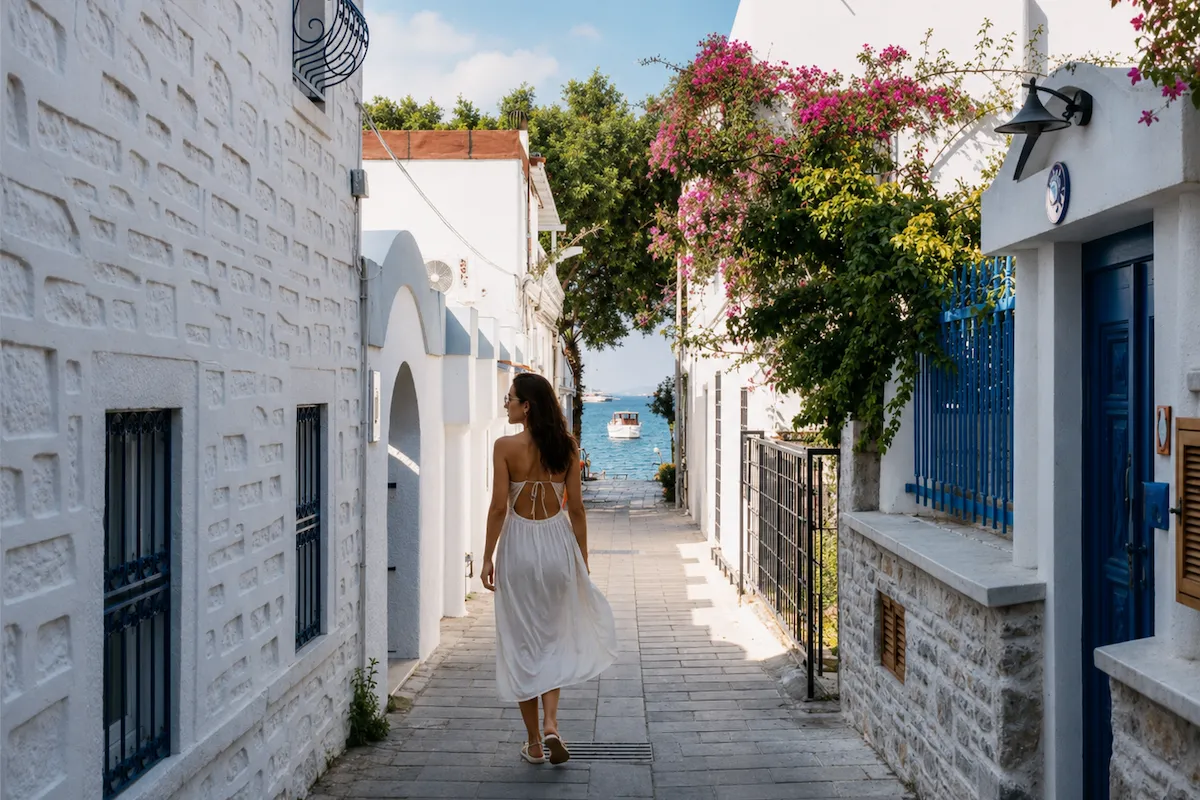 Bodrum, Türkiye'nin en güzel tatil yerleri arasında beyaz badanalı evleri, mavi kapıları, begonvilli sokakları ve Ege Denizi manzarasıyla öne çıkıyor.