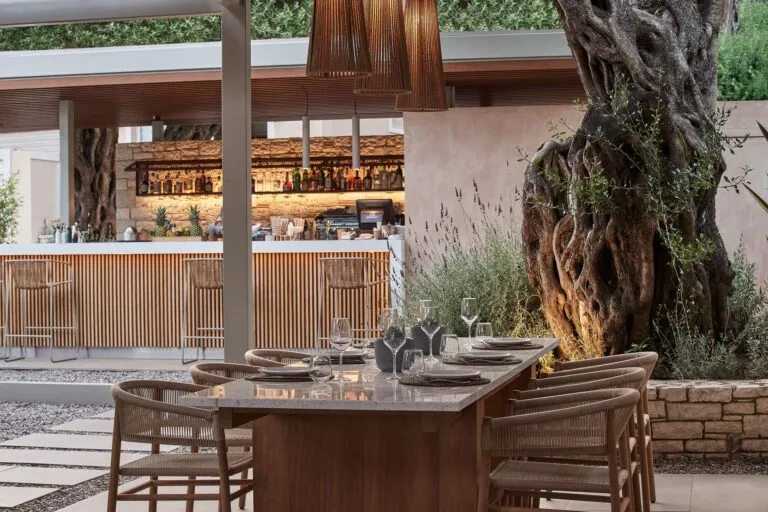Açık havada yer alan şık bir restoranda, özenle düzenlenmiş mermer masa ve konforlu hasır sandalyeler, arka planda ahşap çıtalı modern bir bar ve sağda alttan ışıklandırılmış, görkemli, yaşlı bir zeytin ağacı ile çevrili huzurlu ve doğal bir ortam.