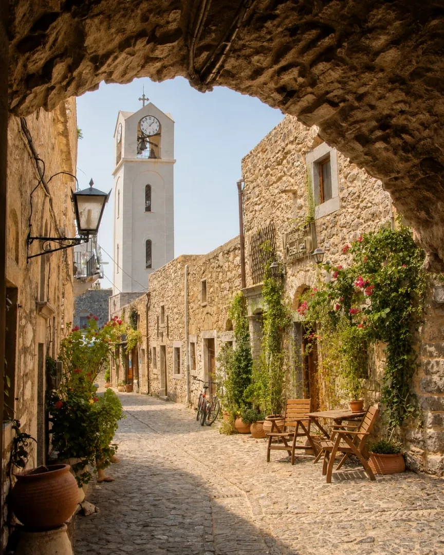 Taş bir kemerle çerçevelenmiş Arnavut kaldırımlı dar sokak, sağda yemyeşil sarmaşıklar ve pembe çiçeklerle süslü taş otel binalarına ait açık hava oturma alanlarıyla canlanırken, sol tarafta eski bir fener yolu aydınlatıyor ve uzaklarda bembeyaz bir saat kulesi yükseliyor.