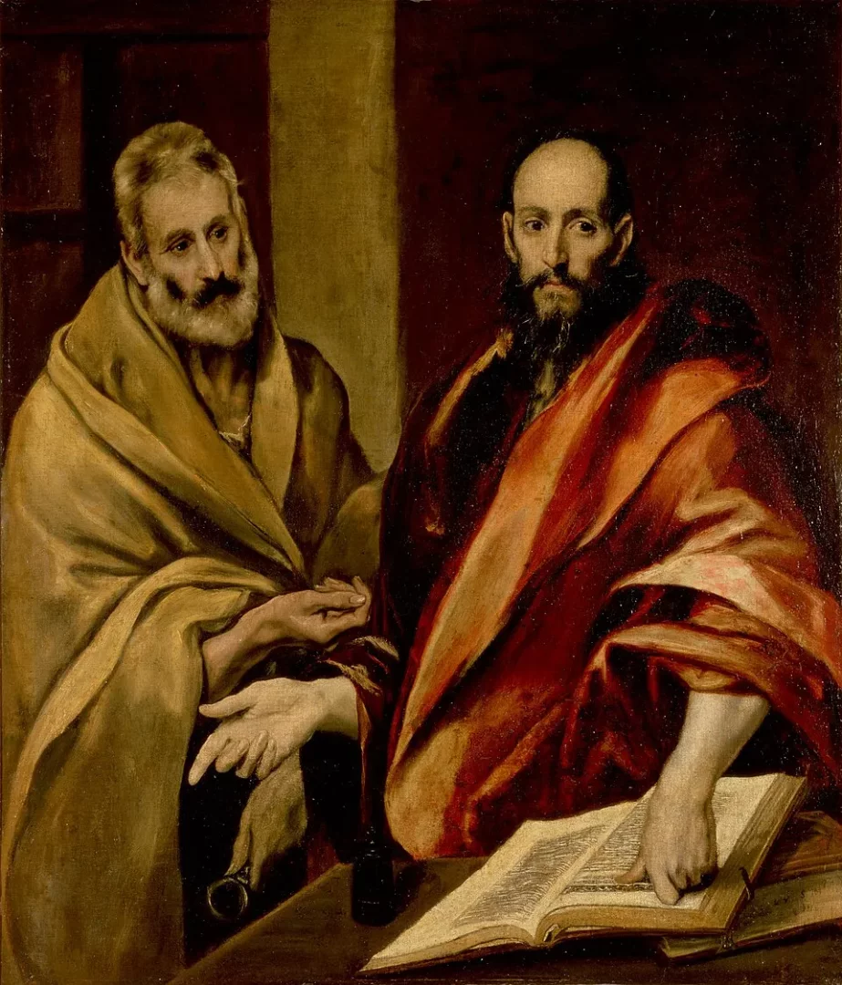 El Greco'nun bu tablosunda, altın rengi cübbeli yaşlı Aziz Petrus sol tarafta anahtarlarını tutarken, kırmızı cübbeli genç Aziz Pavlus sağ tarafta açık bir kitaba uzanarak ciddi bir sohbete dalmış görünüyorlar, Hermitage Müzesi koleksiyonundan.