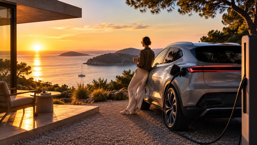 Günbatımının kızıl ışıklarıyla aydınlanan deniz ve adalar manzarasına karşı, modern bir şarj istasyonunda elektrikli otomobilini şarj ederken keyifle denizi seyreden, aracına yaslanmış genç bir kadın.