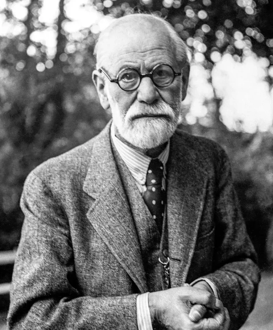 Siyah beyaz portrede, yuvarlak çerçeveli gözlükleri, beyaz gür sakalları ve bıyıklarıyla, çizgili gömlek ve puantiyeli kravat üzerine tüvit ceket giymiş Sigmund Freud, bulanık ağaçların önünde ellerini önde kavuşturmuş ciddi bir ifadeyle doğrudan kameraya bakıyor.