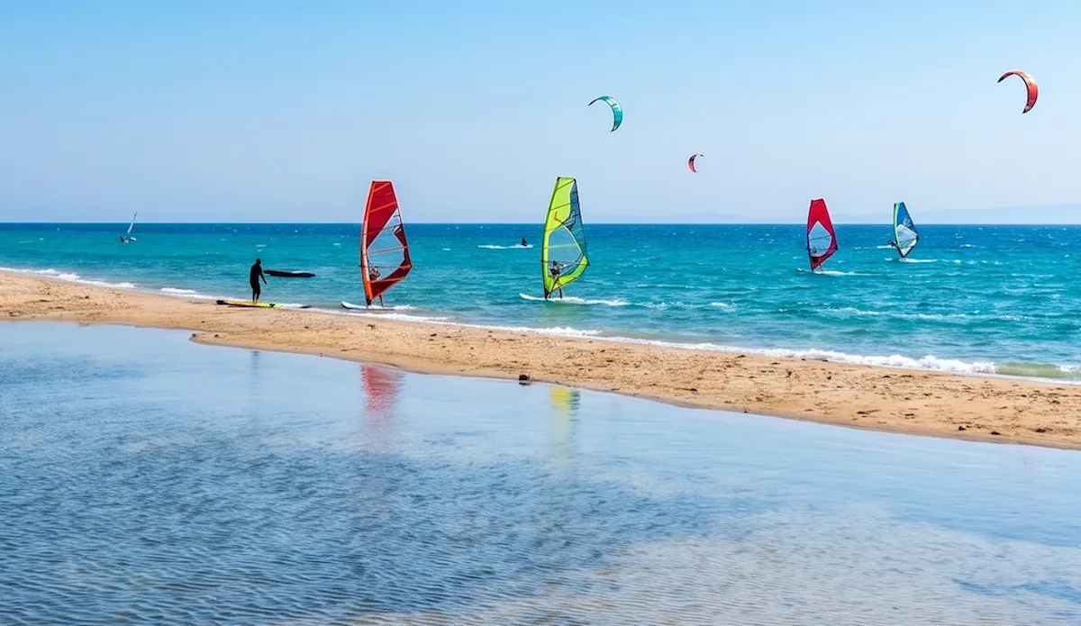 Gökçeada'nın rüzgar sörfü ve kite surf için ideal Aydıncık Plajı gibi rüzgarın bol olduğu bir kıyısında, masmavi denizin üzerinde renkli yelkenleriyle rüzgar sörfü yapan sporcular ve gökyüzünde süzülen uçurtma sörfü yelkenleri, adanın Deniz, Güneş, Rüzgar temasına uygun, canlı bir su sporu şöleni sunuyor.