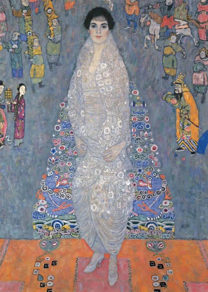 Gustav Klimt’in 1914-1916 tarihlerinde yaptığı ‘Portrait of Elisabeth Lederer’ tablosu; beyaz elbiseli genç kadın figürü, dekoratif Asya motifleri arka planıyla birlikte