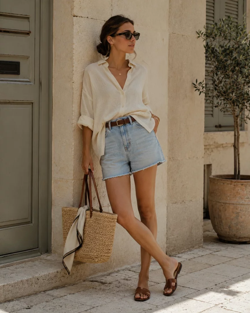 Güneşli bir yaz gününde açık renkli oversized gömlek, jean şort ve kahverengi sandaletlerle kombinlenmiş, kahverengi deri saplı ve fular detaylı hasır bir çantayı elinde tutan stil sahibi bir kadın, doğal dokuların şehir stilinde ne kadar şık durabileceğini gösteriyor.