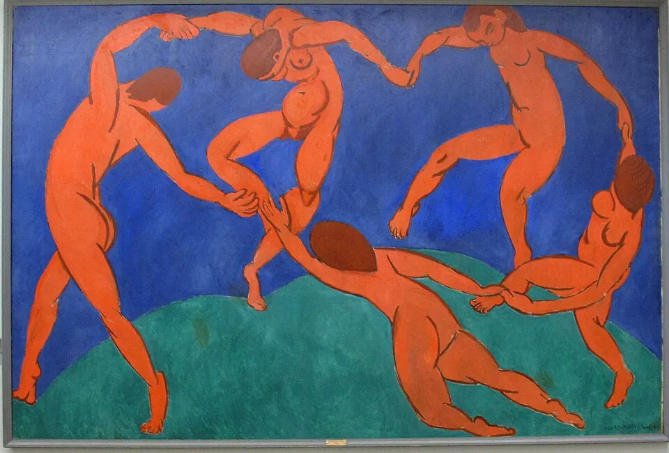 Henri Matisse'in La Danse tablosu, belirgin mavi bir gökyüzü ve yeşil bir tepenin fonunda, el ele tutuşarak coşkulu bir dans halkası oluşturan kırmızı-turuncu renkte beş stilize edilmiş, çıplak figürü dinamik bir kompozisyonla betimliyor.