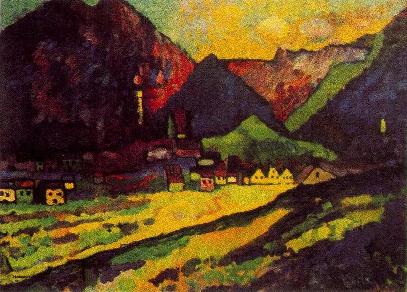 Kandinsky'nin Murnau dönemine ait, güçlü renklerle boyanmış bu ekspresyonist manzara resminde, koyu dağların eteklerinde sıralanmış, belirgin çatılı evlerden oluşan bir köy ve geniş, sarı-yeşil tarlalardan geçen bir yol, parlak sarı bir gökyüzünün altında canlı bir şekilde betimlenmiştir.