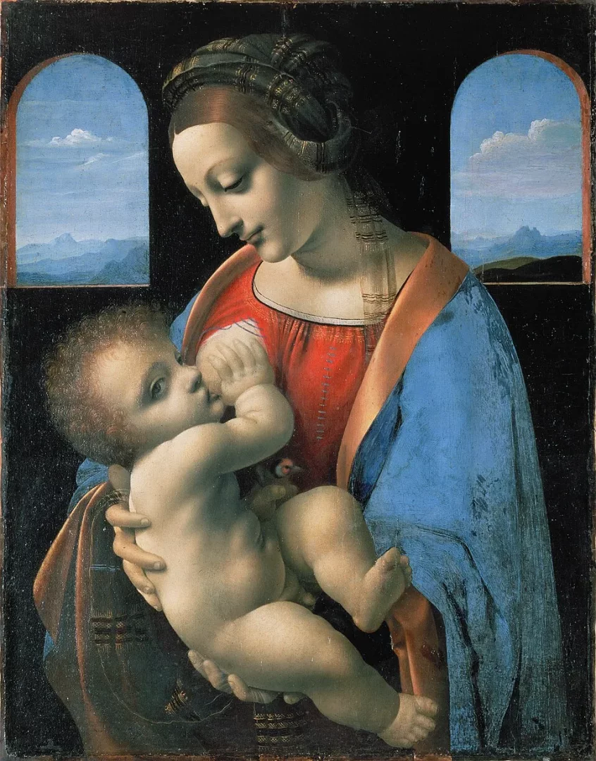 Sanatçı Leonardo da Vinci'nin ünlü Madonna Litta tablosunda, kırmızı bir elbise ve mavi pelerin giymiş Meryem Ana, karanlık bir iç mekanda arkadaki kemerli pencerelerden görünen dağ manzarası eşliğinde sevecen bir ifadeyle bebeğini emziriyor.