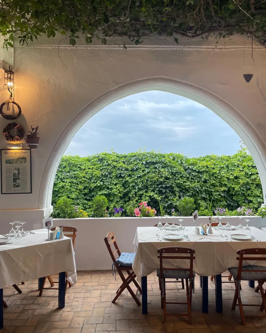 Rodos'taki Mavrikos Restaurant'ın kemerli beyaz duvarlı, tavanından sarkan sarmaşıkların olduğu, beyaz örtülü masaların ve ahşap sandalyelerin yer aldığı, yemyeşil bitki örtüsü ve rengarenk çiçeklerle çevrili açık hava yemek alanını gözler önüne seriyor.